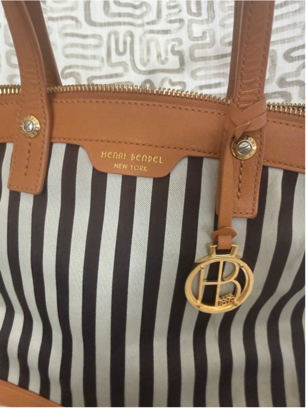 Henri Bendel Satchel with crossbody strap Brown & White Striped - Picture 2 of 15